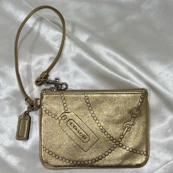 Coach Wristlet Wallet Leather Metallic Gold Chain Logo Spellout Y2K New - Picture 4 of 8